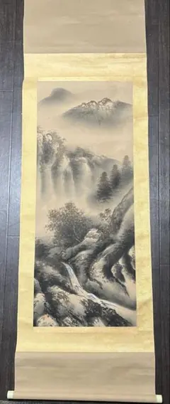 富岡鐡斎筆 淡彩山水圖 絹本肉筆 青緑山水 掛軸 木箱付 送料込み260426