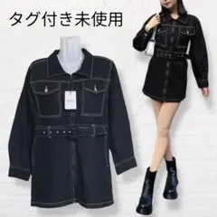 タグ＊グレイル　GRL ベルト付きジップデニムミニワンピース【S】黒系