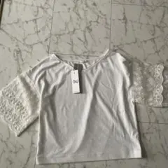 GU 刺繍入り五分袖Tシャツ ホワイト