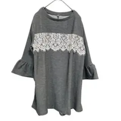 グレー レース装飾 五分袖Tシャツ L美品