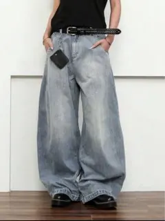 ワイドレッグデニムパンツ 薄い青色