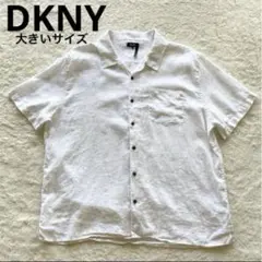DKNY 麻100% 総ロゴ柄 オープンカラーシャツ ホワイト 大きいサイズのサムネイル