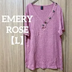 EMERY ROSE 【L】ピンク ボタン付きVネック Tシャツ レディース