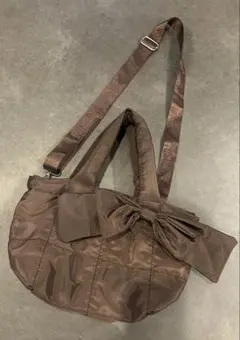 【2way】ナイロンキルティングリボントートバッグ ブラウン