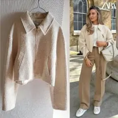 ZARA/ショート丈 ジップアップツイードジャケット