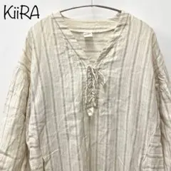 【KiiRA】ストライプリネンワンピース　麻100％　ナチュラル