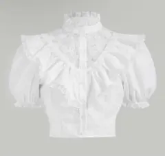 MOD コントラストレースフリルトリムパフスリーブ フリルトリムクロップシャツ