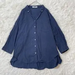 IEDIT イディット スキッパーシャツ L 長袖 リネン混 紺 胸ポケットのサムネイル