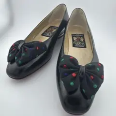 MIHAMA パンプス 24.0cm ブラック リボン カラフル 美品 フラットのサムネイル