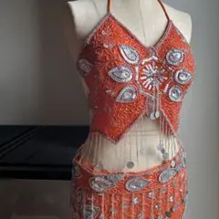 ビーズ刺繍 ベリーダンス　セットアップ　オリエンタル衣装　オレンジ
