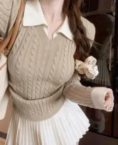 ベージュ／カーキ リブニット トップス SHEIN