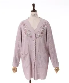 axes femme 花刺繍ロングニットカーデ ピンク