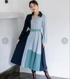 REDYAZEL カラーブロックプリーツシャツワンピース バイカラーワンピース