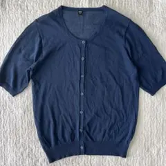 美品 UNIQLO クルーネック 半袖 カーディガン ネイビー レーヨン Mのサムネイル