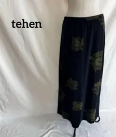 tehen テーン ロングスカート 総柄 ボタニカル ストレッチ 黒 カーキ 2