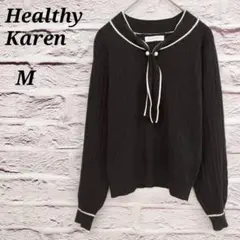 ヘルシーカレン 【M】 ボウタイ長さニット セーター パール付き ブラック