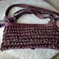 フリルデザイン パープル ハンドバッグ　　革　ショルダーバック
