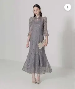 Leja スパンコール花柄パフスリーブマーメイドワンピースドレス