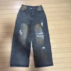 ダメージ加工ダークグレー ワイドレッグデニムパンツ