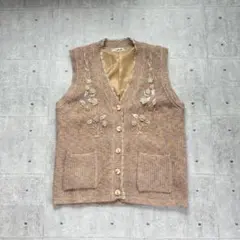 Venticello 花柄刺繍 ニットベスト モヘヤ混 M-L ベージュ系
