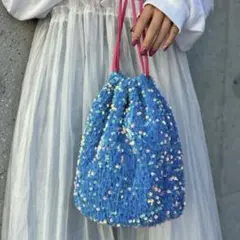 【即購入OK】チャオパニック スパンコールベロア巾着バッグ ブルー