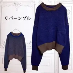 ニット セーター／リバーシブル【F】ブルー 青 バイカラー 長袖 クルーネック