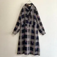 ヴィンテージ ワンピース チェック 総柄 レトロ ガーリー 黒 ベージュ 日本製