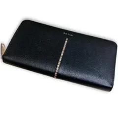 美品 ポールスミス 長財布 ラウンドジップ マルチストライプ レザー 黒