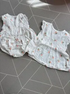 プティマイン　姉妹コーデ　100 80 さくらんぼ刺繍 半袖ブラウス チェリー