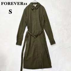 フォーエバー21 シャツワンピース ロングスリット S カーキ ベルト 長袖