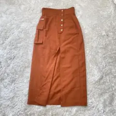 ムルーア オレンジ ブラウン タイトロングスカート ボタン付き　深スリット　秋服