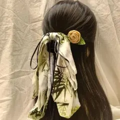 ヘアアクセサリー リボン付きバンスクリップ 笹柄 和風 かんざし付き