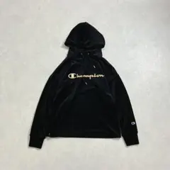 Champion　チャンピオン　パーカー　ベロア　刺繍ロゴ　ブラック　ゴールド