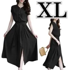 【新品】フレンチ袖ワンピースロングAラインスリットレディース春夏秋ブラックXL