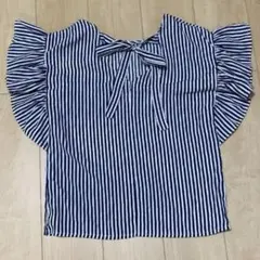 美品 ストライプ ネイビー フリル袖 トップス ブラウス レディース