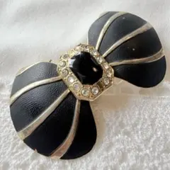 ヴィンテージ リボンブローチ ブラック×ゴールド 大ぶり レトロ