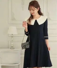 美品　le reve vaniller バイカラーニット ワンピース　ネイビー