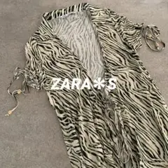 ZARA＊ロングカーディガン＊羽織り＊ゼブラ柄＊ベージュ系＊半袖＊S