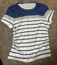 SHEIN ボーダーTシャツ 半袖 ネイビー×ホワイト ウエストギャザー M