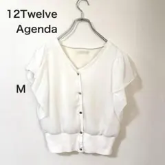 12Twelve Agenda 袖フリルブラウス 半袖 ホワイト金ボタンVネック