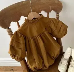 【美品】ロンパース 80cm フリル ぽわん袖 ベビー服 子供服 ブラウン 秋服
