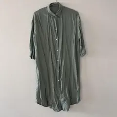 GU ジーユー(S)リネンブレンドシャツワンピース(七分袖)/グリーン