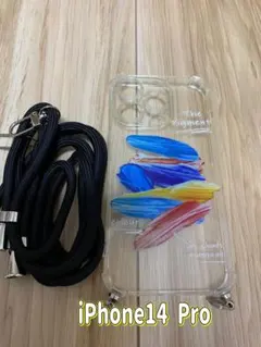 iPhone14pro スマホカバー　ペイント柄 ストラップ付き
