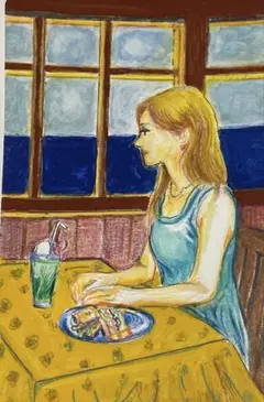 『海の見えるカフェにいた おねーさん』￼ 水彩色鉛筆アクリル画