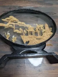 木製山水画風置物 黒色台座付き - メルカリ
