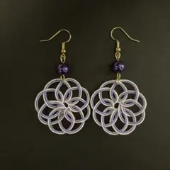 水引ピアス 白×濃藤色 紫系 曼荼羅結び