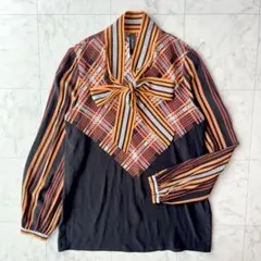 Marc Cain シルク100% ボウタイブラウス　総柄　チェック　レトロ