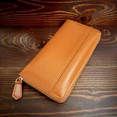 C4 本革　栃木レザー使用　長財布　ラウンドファスナー　メンズ　ヌメ革　茶