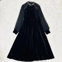 【未使用タグ付】ベルベットロングドレス　シアー切替　ビジュー　大きいサイズ XL