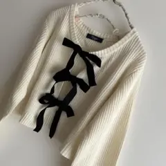 アイボリー クロップドカーディガンMサイズ ブラックリボン
